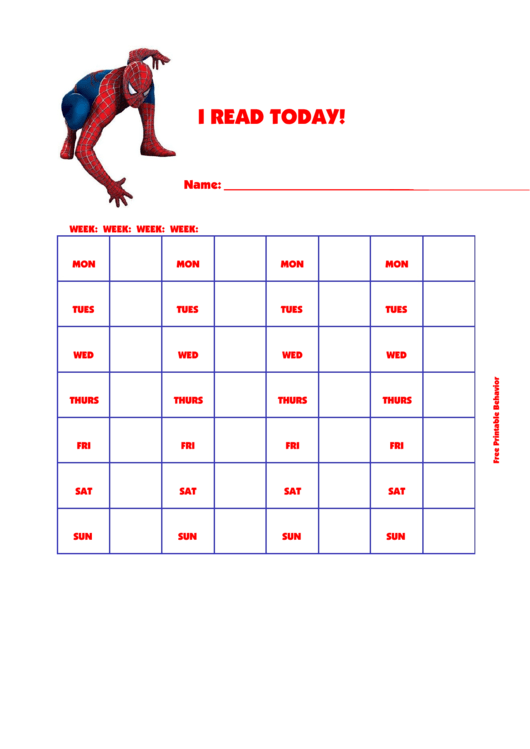 I Read Today! (Spiderman) - Behavior Chart Printable pdf