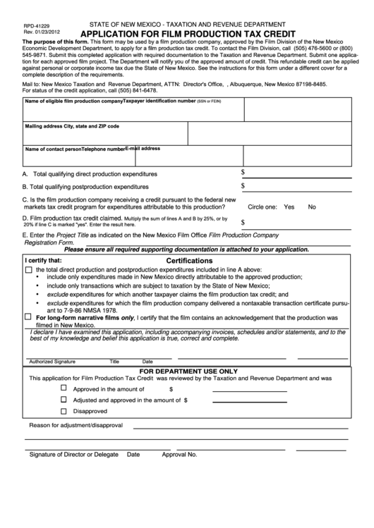 Form Rpd-41229 - Application For Film Production Tac Credit - State Of New Mexico Taxation And Revenue Department Printable pdf