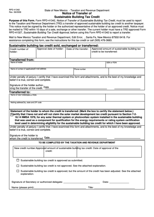 Form Rpd-41342 - Notice Of Transfer Of Sustainable Building Tax Credit - State Of New Mexico Taxation And Revenue Department Printable pdf
