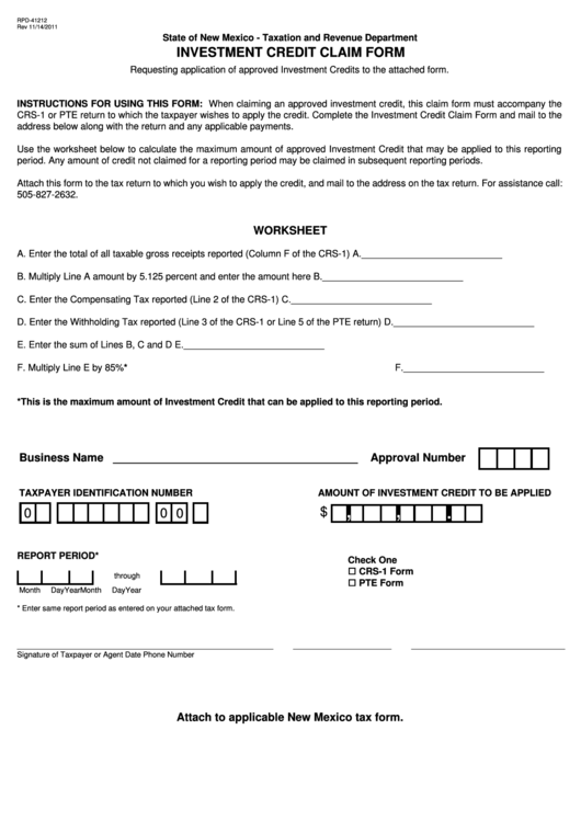 Form Rpd-41212 - Investment Credit Claim Form - State Of New Mexico Taxation And Revenue Department Printable pdf