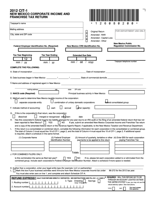 Form Cit-1 - New Mexico Corporate Income And Franchise Tax Return - 2012 Printable pdf