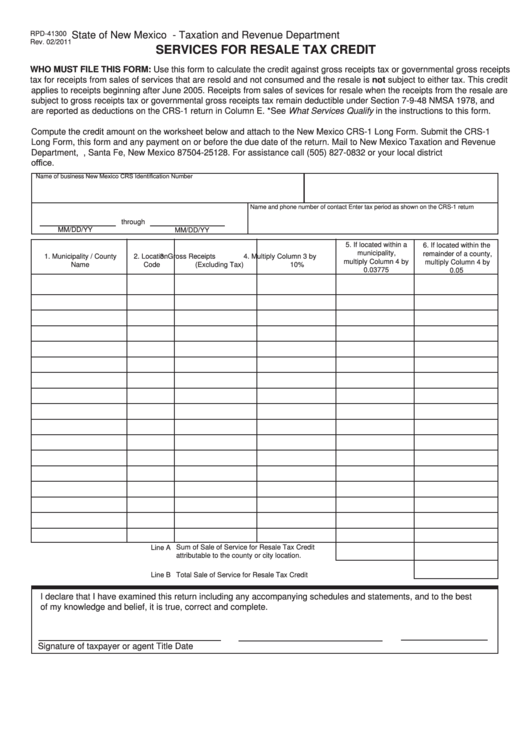 Form Rpd-41300 - Services For Resale Tax Credit - State Of New Mexico Taxation And Revenue Department Printable pdf