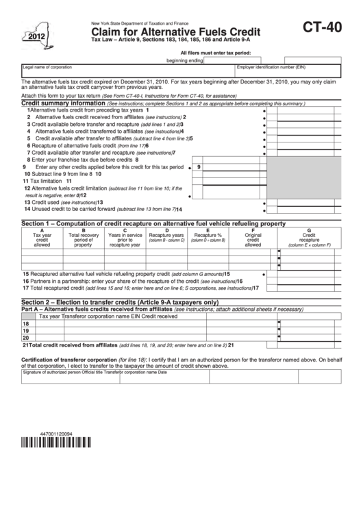 Form Ct-40 - Claim For Alternative Fuels Credit - New York State Department Of Taxation And Finance - 2012 Printable pdf