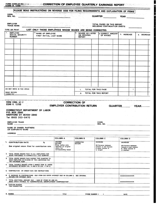 Form Conn Uc-5a - Correction Of Employee Quarterly Earnings Report Printable pdf