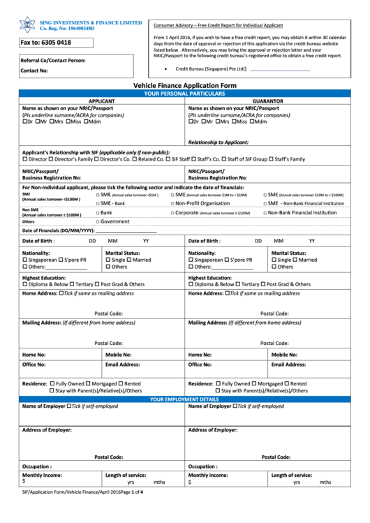Vehicle Finance Application Form Printable pdf