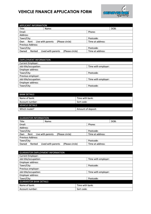 Vehicle Finance Application Form Printable pdf