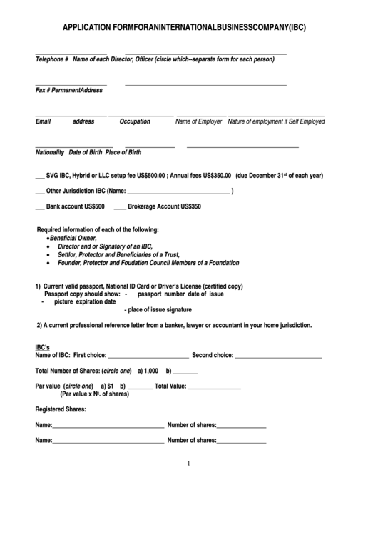 Application Form For An International Business Company (Ibc) Printable pdf