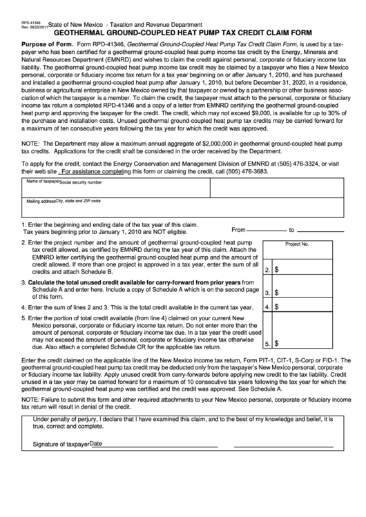 Form Rpd-41346 - Geothermal Ground-Coupled Heat Pump Tax Credit Claim Form - State Of New Mexico Taxation And Revenue Department Printable pdf