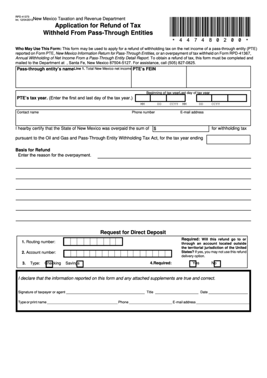 Form Rpd-41373 - Application For Refund Of Tax Withheld From Pass-Through Entities - New Mexico Taxation And Revenue Department Printable pdf