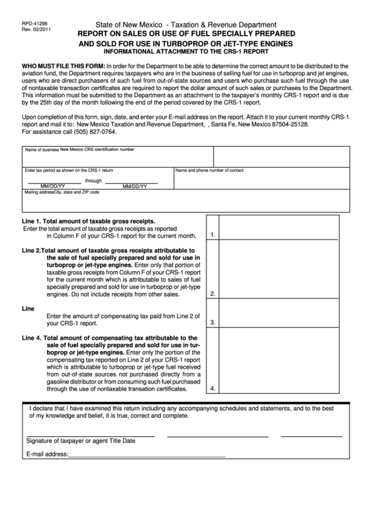 Form Rpd-41296 - Report On Sales Or Use Fuel Specially Prepared And Sold For Use In Turboprop Or Jet-Type Engines - State Of New Mexico Taxation And Revenue Department Printable pdf