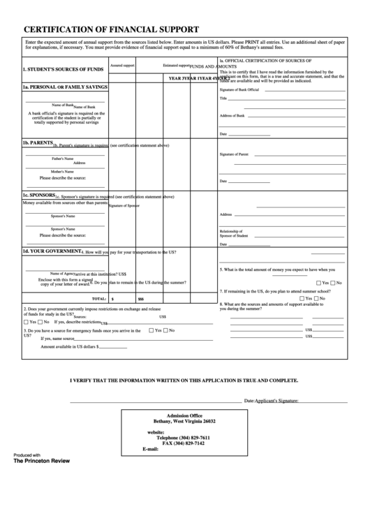 Certification Of Financial Support Printable pdf