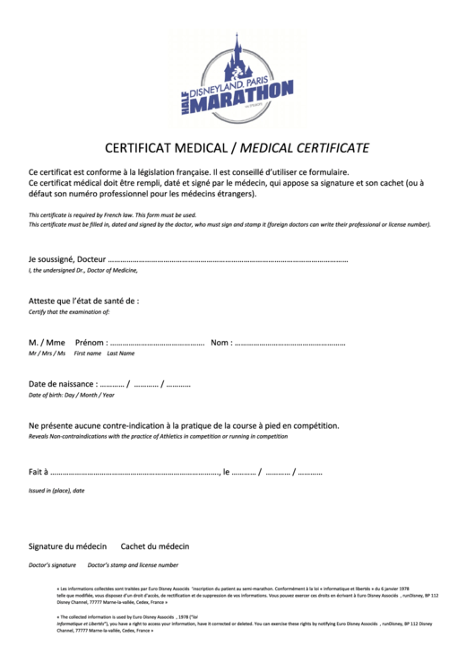 Certificat Medical / Medical Certificate Printable pdf