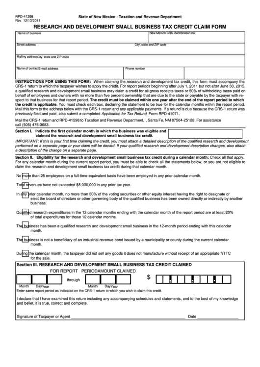 Form Rpd-41298 - Research And Development Small Business Tax Credit Claim Form - State Of New Mexico Taxation And Revenue Department Printable pdf