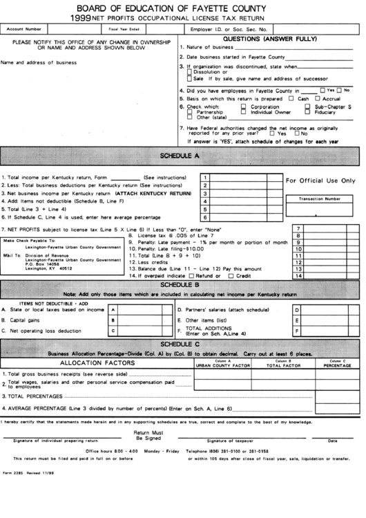 Form 228s - Net Profits Occupational License Tax Return - Board Of Education Of Fayette County - 1999 Printable pdf