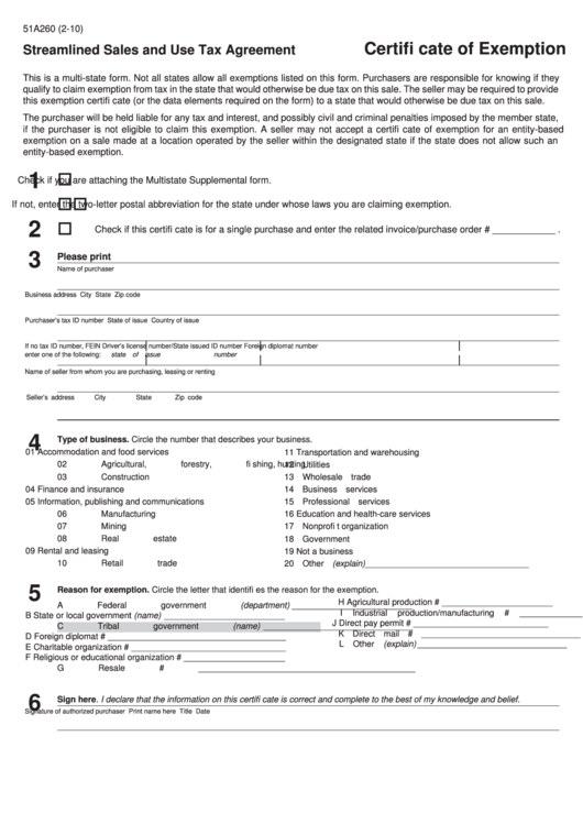 Form 51a260 - Streamlined Sales And Use Tax Agreement - Certificate Of Exemption Printable pdf