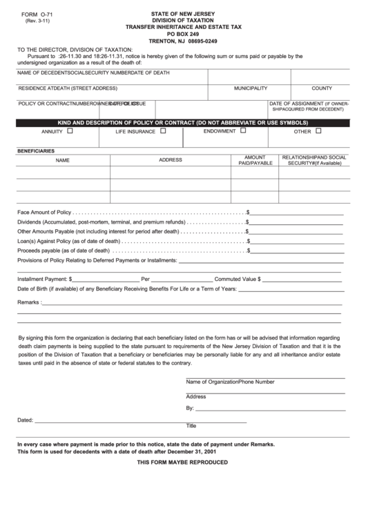 Fillable Form O-71 - Transfer Inheritance And Estate Tax - State Of New Jersey Division Of Taxation Printable pdf
