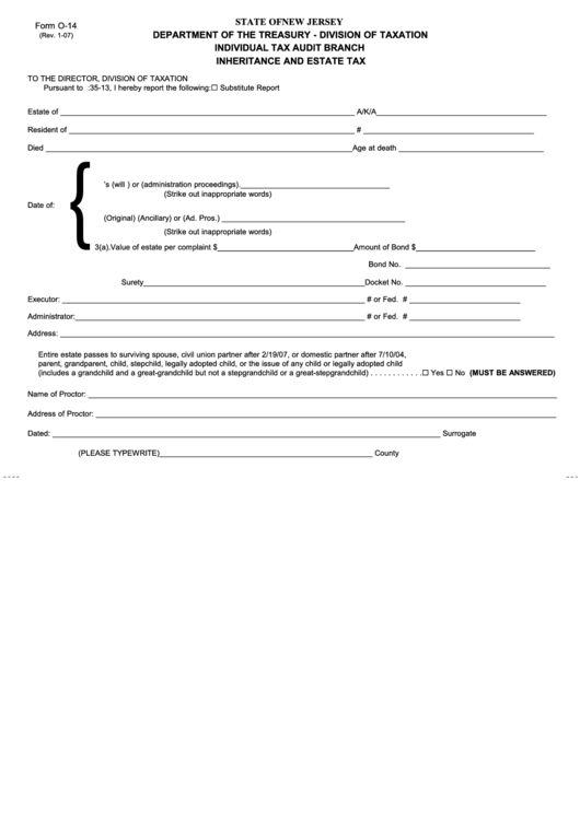 Fillable Form O-14 - Individual Tax Audit Branch Inheritance And Estate Tax - State Of New Jersey Department Of The Treasury Printable pdf