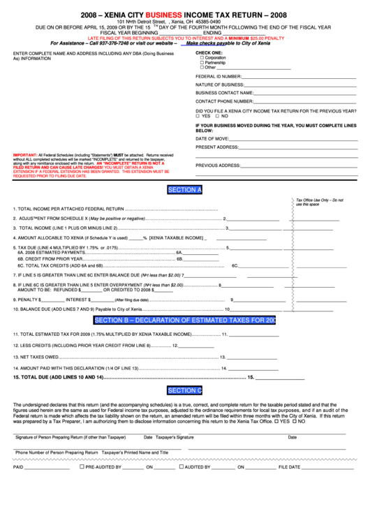 Form R-B - Business Income Tax Return - Xenia City - 2008 Printable pdf