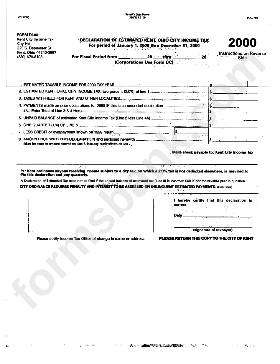 Form Di-00 - Declaration Of Estimated Kent -Ohio City Income Tax - 2000