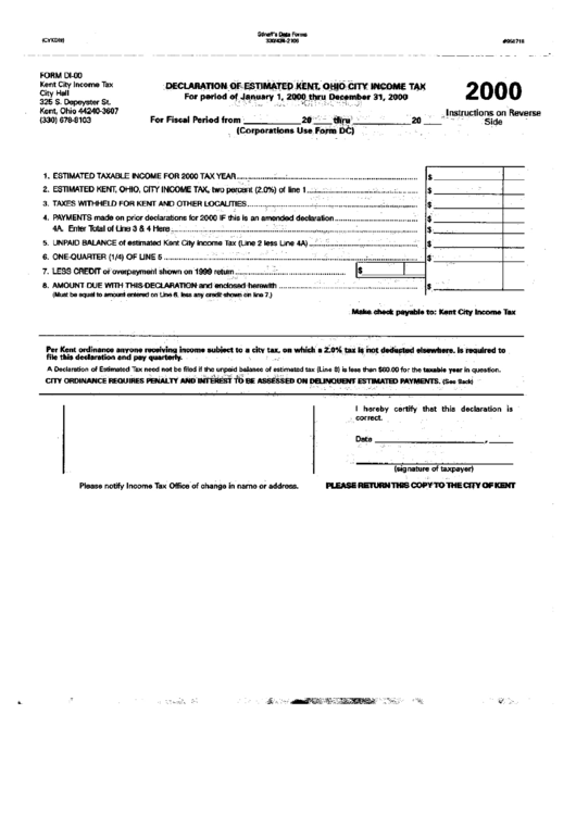 Form Di-00 - Declaration Of Estimated Kent -Ohio City Income Tax - 2000 Printable pdf