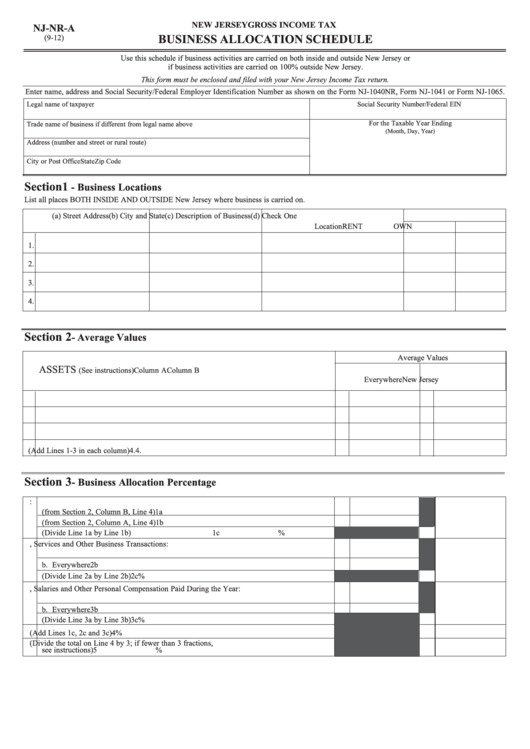 Fillable Form Nj-Nr-A - Business Allocation Shedule - New Jersey Gross Income Tax Printable pdf