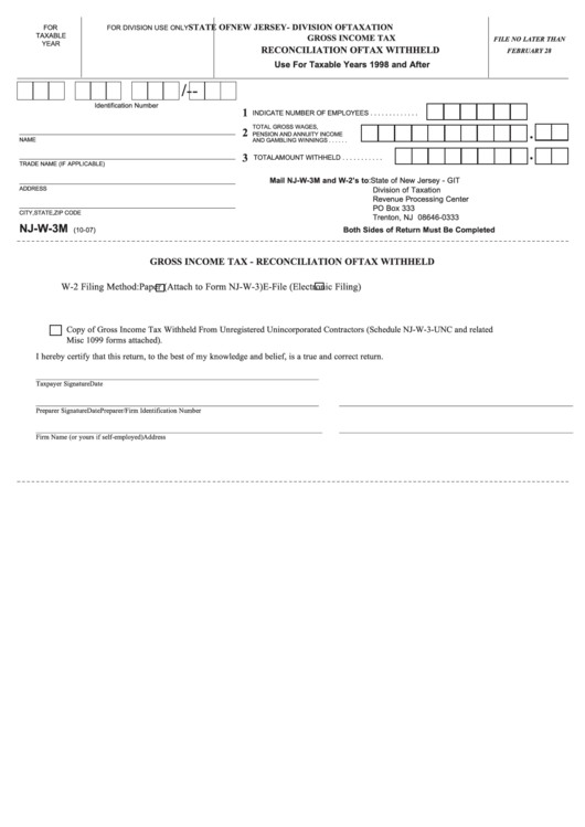 Fillable Form Nj-W-3m - Gross Income Tax - Reconciliation Of Tax Withheld - State Of New Jersey Division Of Taxation Printable pdf