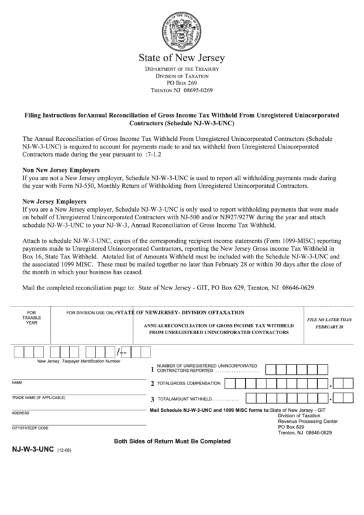 Fillable Form Nj-W-3-Unc - Annual Reconcilliation Of Gross Income Tax Withheld Form Unregistered Unincorporated Contractors - State Of New Jersey Division Of Taxation Printable pdf