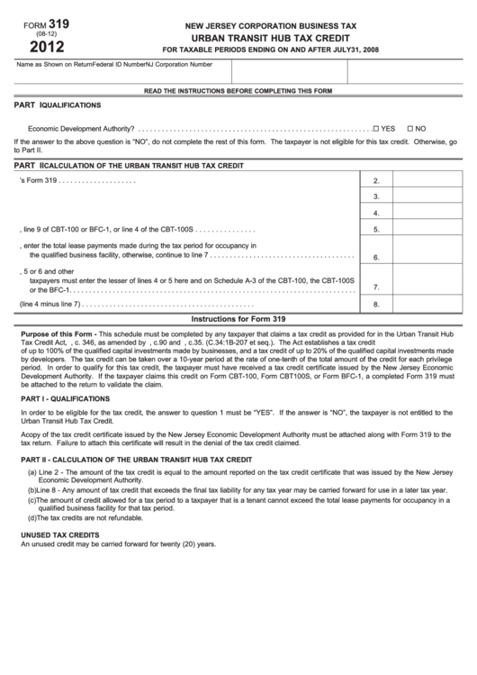Fillable Form 319 - Urban Transit Hub Tax Credit - New Jersey Corporation Business Tax - 2012 Printable pdf
