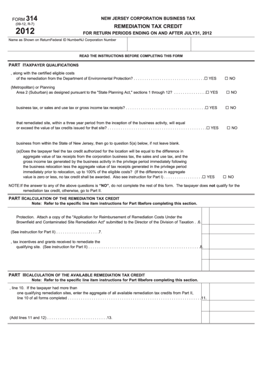Fillable Form 314 - Remediation Tax Credit - New Jersey Corporation Business Tax - 2012 Printable pdf