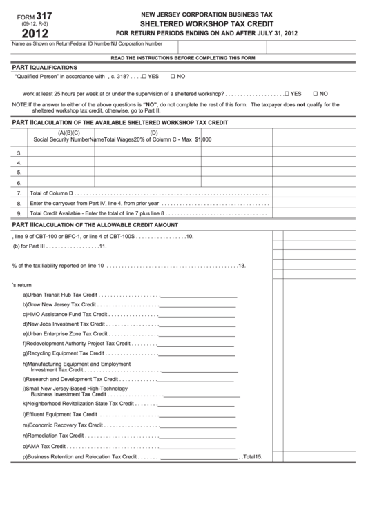 Fillable Form 317 - Sheltered Workshop Tax Credit - New Jersey Corporation Business Tax - 2012 Printable pdf