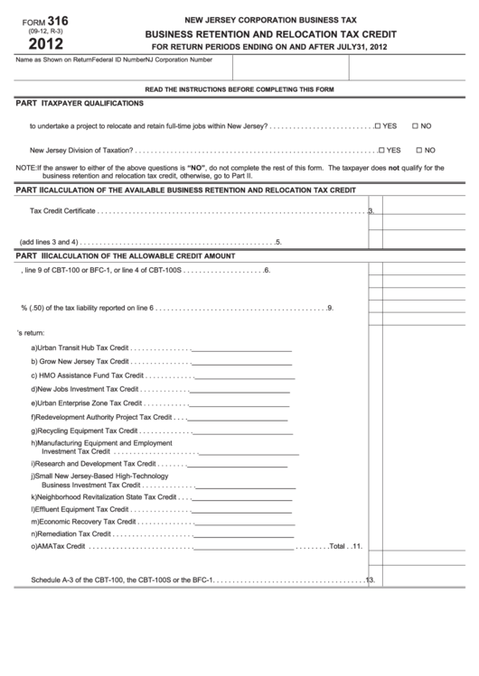 Fillable Form 316 - Business Retention And Relocation Tax Credit - New Jersey Corporation Business Tax - 2012 Printable pdf