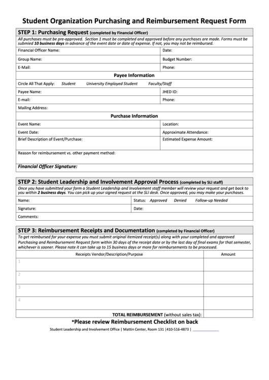Fillable Student Organization Purchasing And Reimbursement Request Form Printable pdf