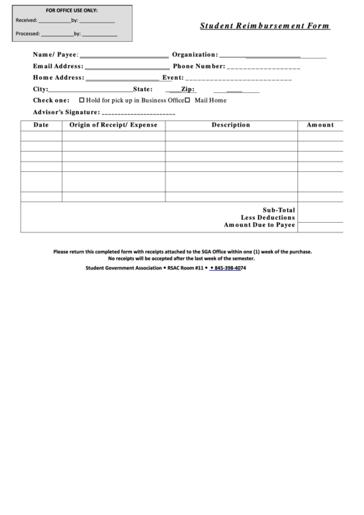 Fillable Blank Student Reimbursement Form Printable pdf