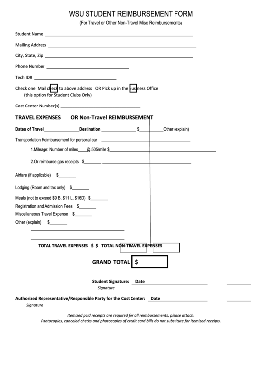 Fillable Wsu Student Reimbursement Form Printable pdf