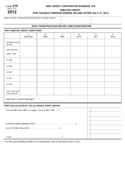 Fillable Form 315 - Ama Tax Credit - New Jersey Corporation Business Tax - 2012 Printable pdf