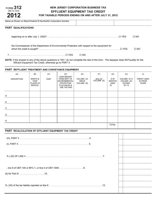 Fillable Form 312 - Effluent Equipment Tax Credit - New Jersey Corporation Business Tax - 2012 Printable pdf