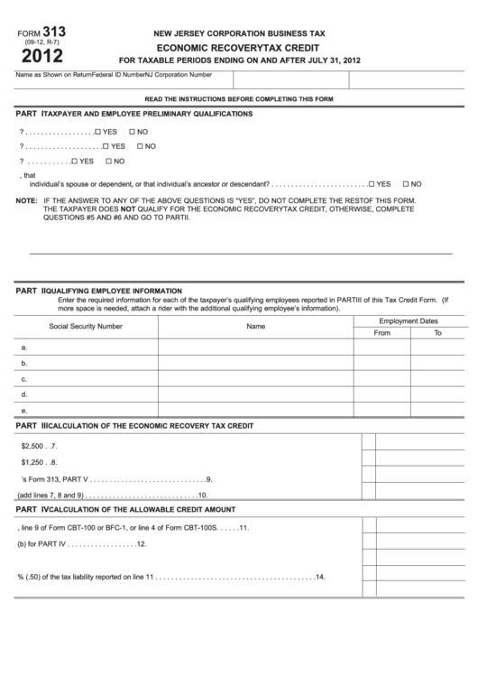 Fillable Form 313 - Economic Recovery Tax Credit - New Jersey Corporation Business Tax - 2012 Printable pdf