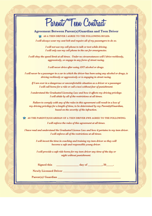 Parent/teen Driver Contract Template Printable pdf
