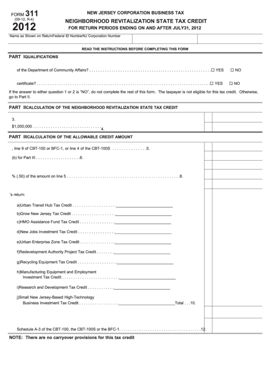 Fillable Form 311 - Neighborhood Revitalization State Tax Credit - New Jersey Corporation Business Tax - 2012 Printable pdf