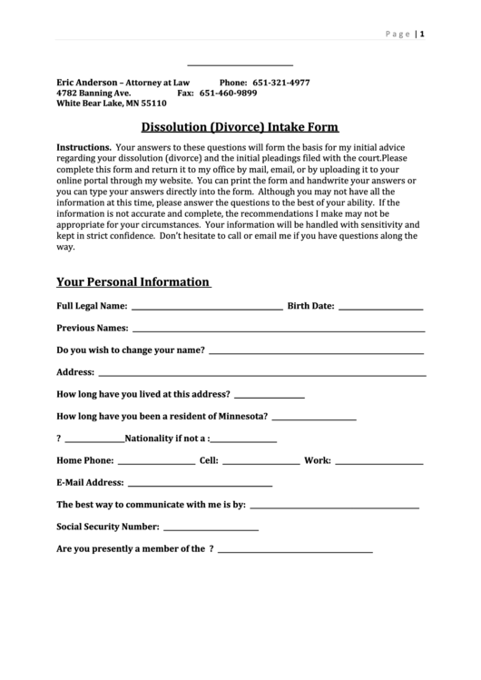 Fillable Dissolution (Divorce) Intake Form Printable pdf