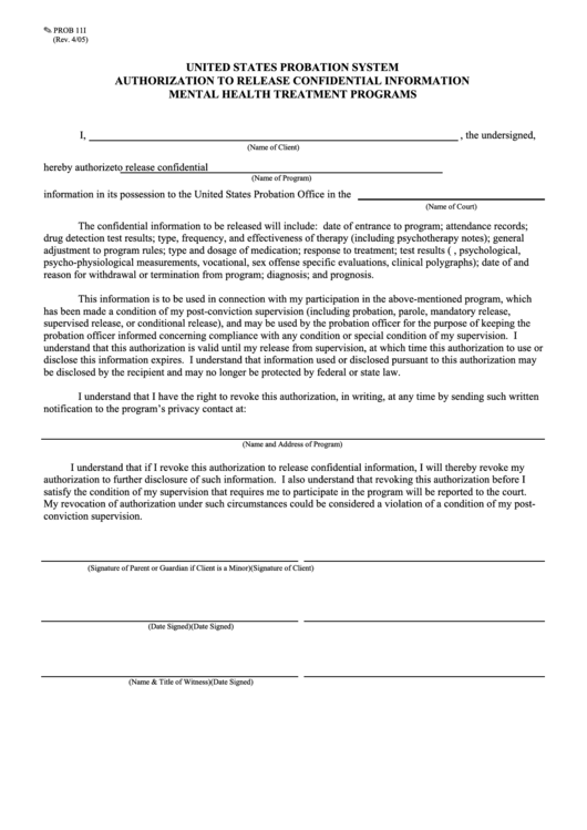 Fillable Form Prob 11i - Authorization To Release Confidential Information Mental Health Treatment Programs - Us Probation System Printable pdf