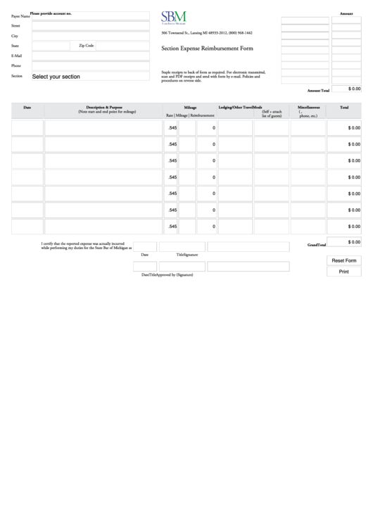 Fillable Section Expense Reimbursement Form - State Bar Of Michigan Printable pdf