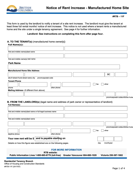 Fillable Form Rtb-11f - Notice Of Rent Increase - Manufactured Home Site Printable pdf