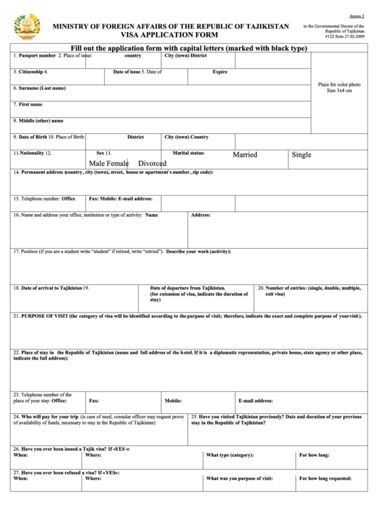 Visa Application Form - Ministry Of Foreign Affairs Of The Republic Of Tajikistan Printable pdf