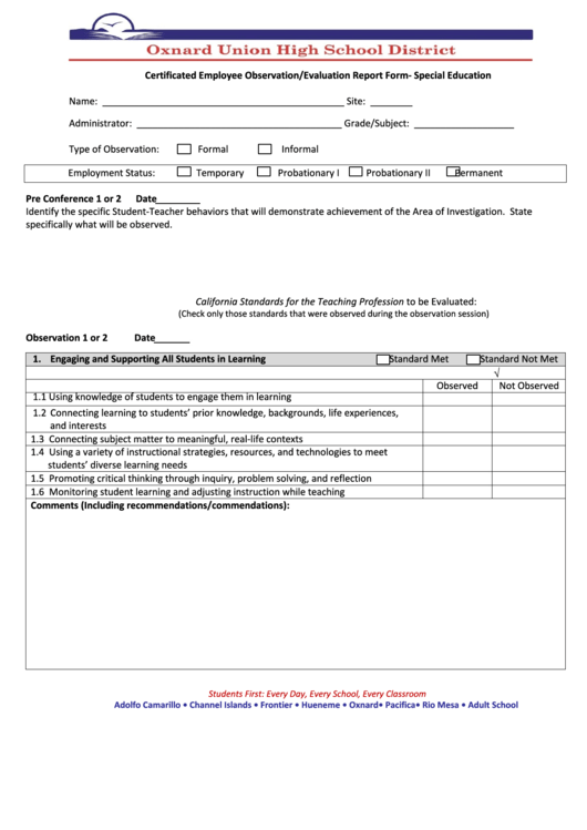Certificated Employee Observation/evaluation Report Form - Special Education Printable pdf