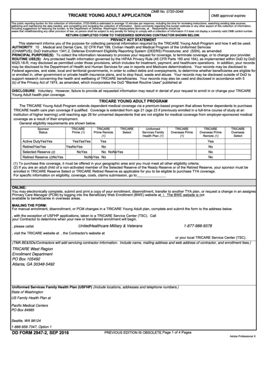 Fillable Dd Form 2947 Tricare Young Adult Application Printable Pdf
