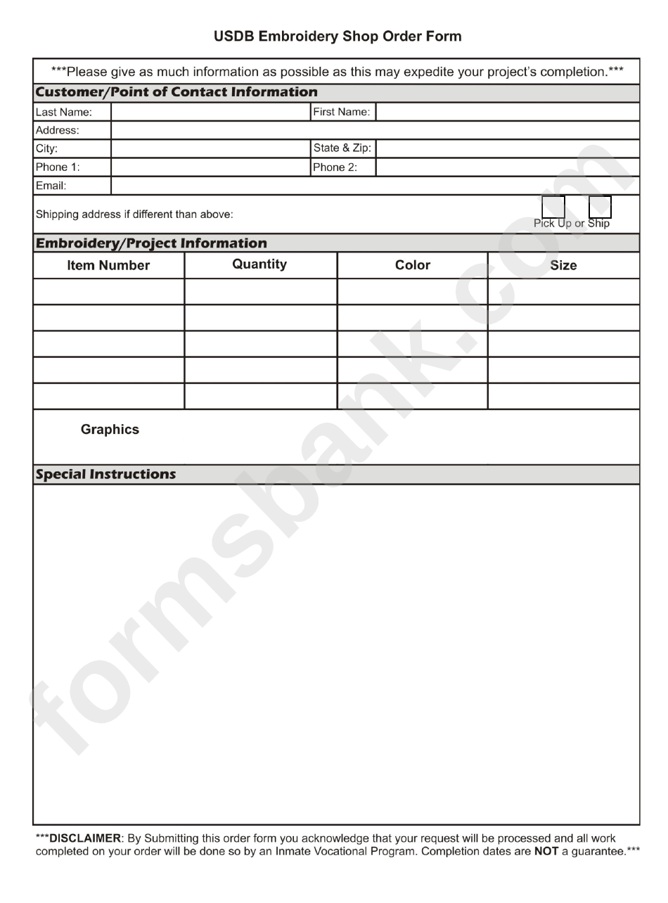 Fillable Embroidery Order Form printable pdf download