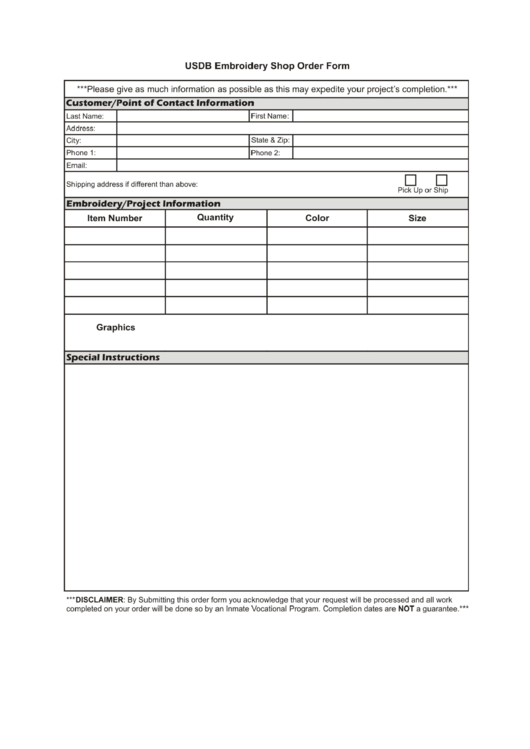 Fillable Embroidery Order Form Printable pdf