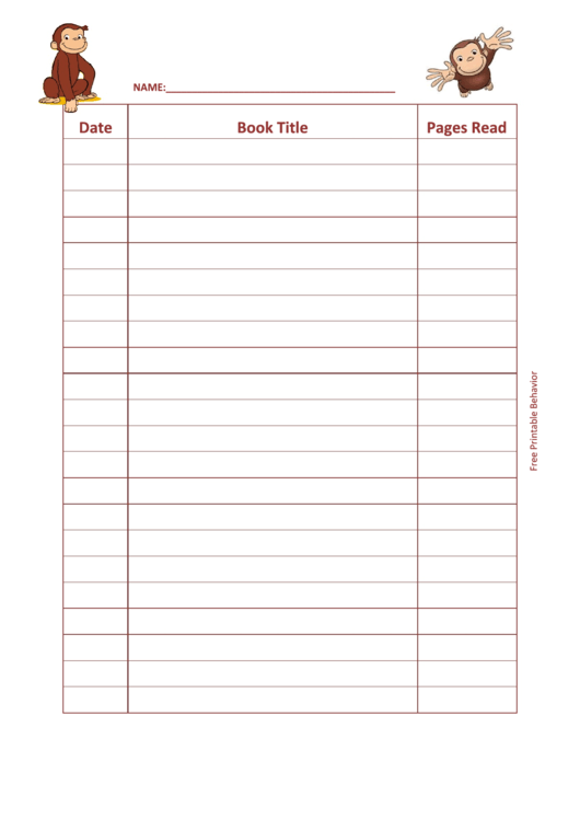 Reading Log (Curious George) Template Printable pdf