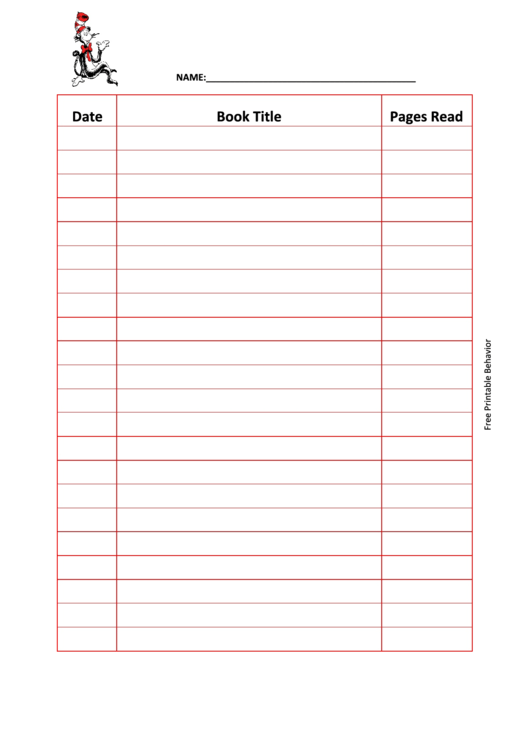 Reading Log (Cat In The Hat) Template Printable pdf